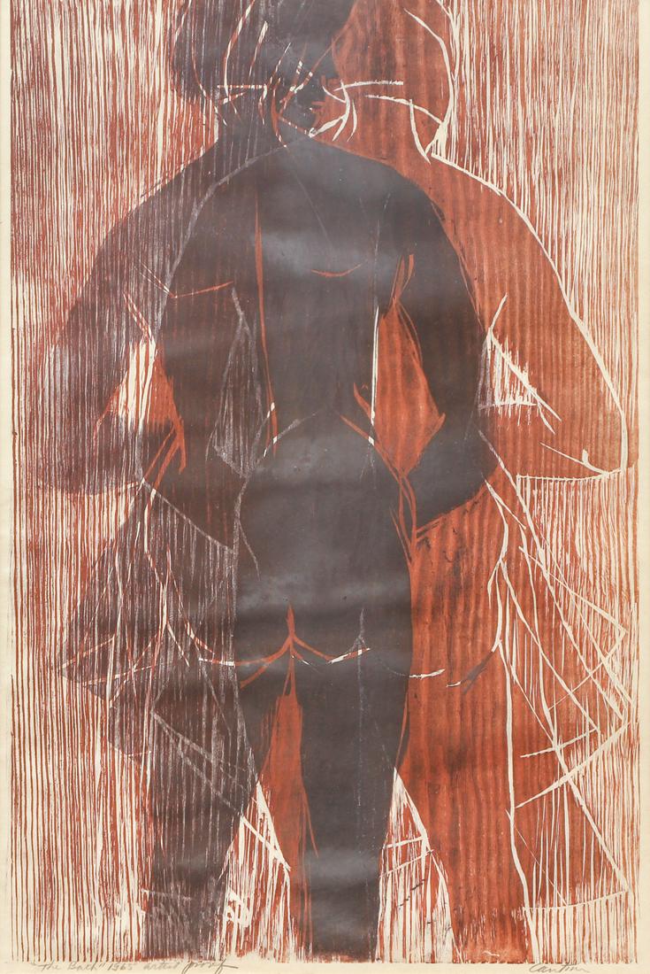 Virgil Cantini The Bath Signed Woodcut: Cantini, Virgil (Pittsburgh/American, 1919-2009), The Bath, 1965, woodcut, signed, titled, dated and marked Artist's Proof at bottom, 17.5 x 11 inches, matted and framed 25 x 19 inches.