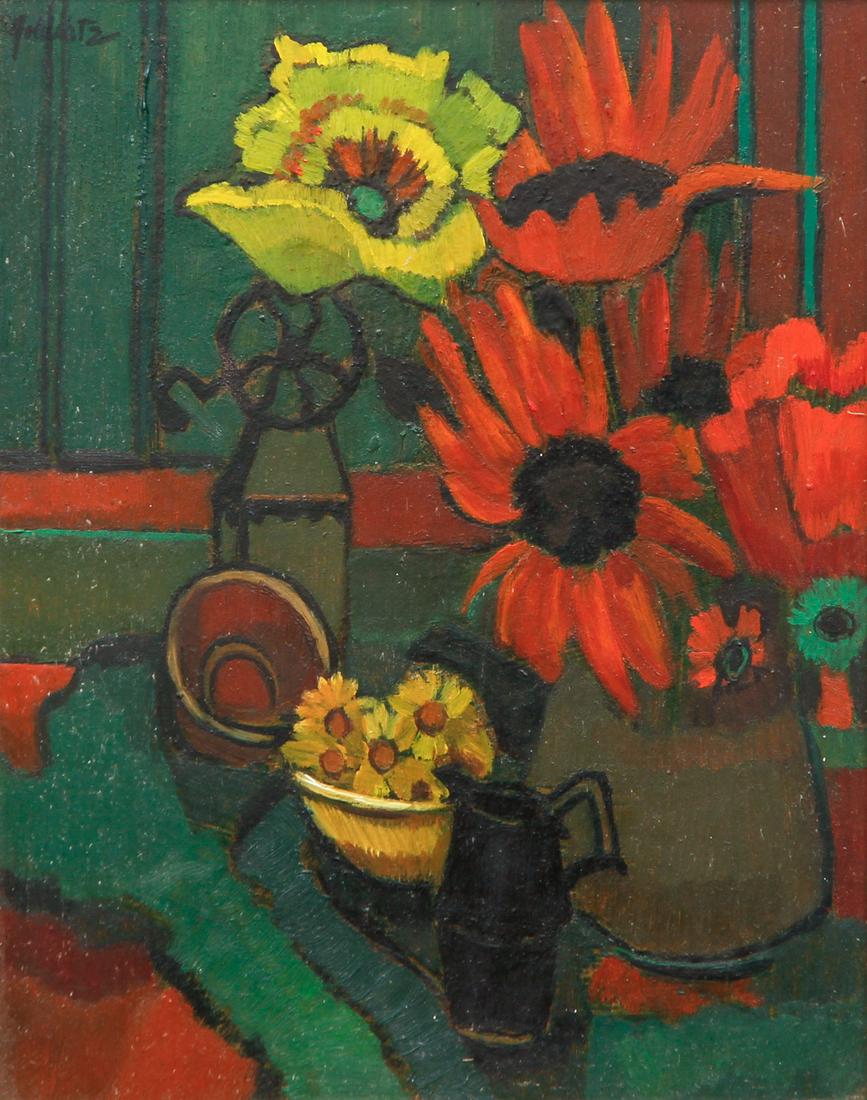 Goldwitz Still Life Oil Painting Flowers Daisy: Goldwitz, Selma (American, 20th century), Still Life with Daisies and Other Flowers, oil on Masonite panel, signed upper left S. Goldwitz, 10 x 8 inches in a painted wood frame 17 x 15 inches, flowers
