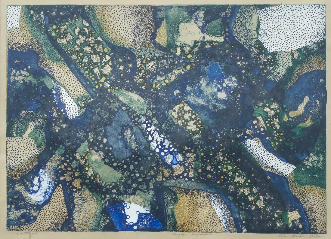 Rita Martin Green Large Intaglio Signed: Green, Rita Martin (American/Pittsburgh, 1935-2011), Portugal, undated (c.1980), color intaglio, titled, signed and marked "Unique Impression" in pencil at bottom, 24 x 33 inches, matted and framed 34