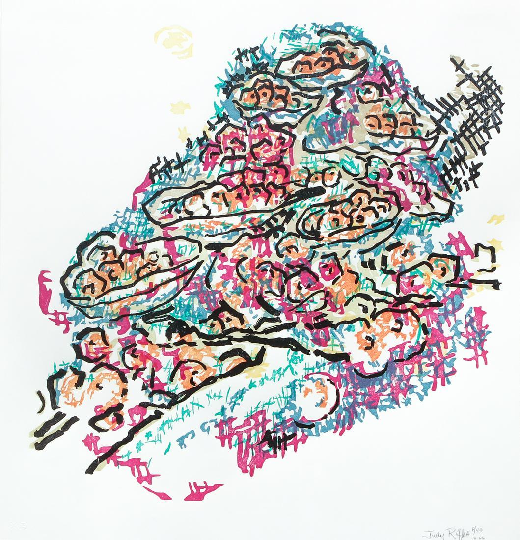 Judy Rifka Orig Litho San Francisco Still Life, 1986: Rifka, Judy (American, born 1945) San Francisco Still Life, color wood cut measuring 24 by 23 inches, in a floater style wood frame measuring 28 by 27 inches.