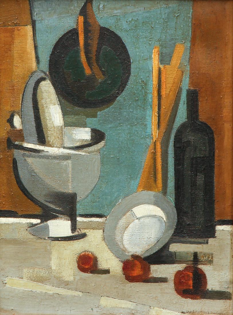 Joni Vidal French Still Life Oil Painting: Vidal, Joni (French, 20th century), Still Life with Wine Bottle and Fruit, 1956, oil on canvas, 13 x 9 inches, in a wood frame measuring 16 x 13 inches, signed, dated and with a lengthy inscription, i