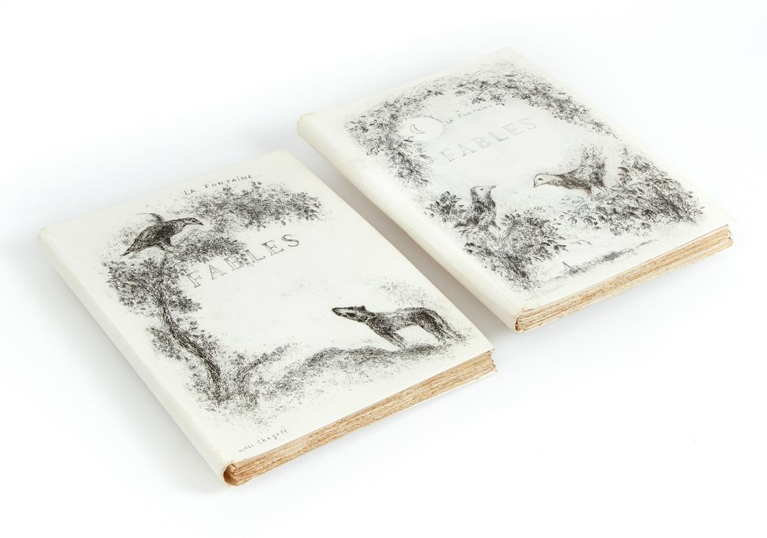 Chagall Fontaine Fables 2 Folio Vols Signed: Fontaine, Jean de La (French, 17th cent), Fables: Complete in 2 volumes, Paris, Teriade Editeur, 1952, signed by Marc Chagall on the limitation page, number 77 of 200 copies, Folios, 16 x 12 inches, i