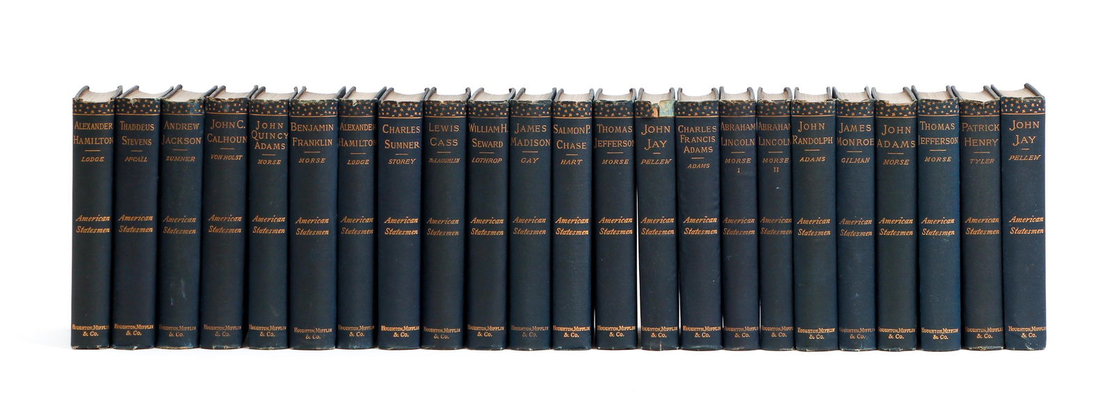 20 volumes American Statesmen ed by Morse: 20 volumes from the famous American Statesmen series edited by John T. Morse and published by Houghton, Mifflin, publishing dates late 1880's to 1890's, original blue cloth hardcovers, includes Abraha