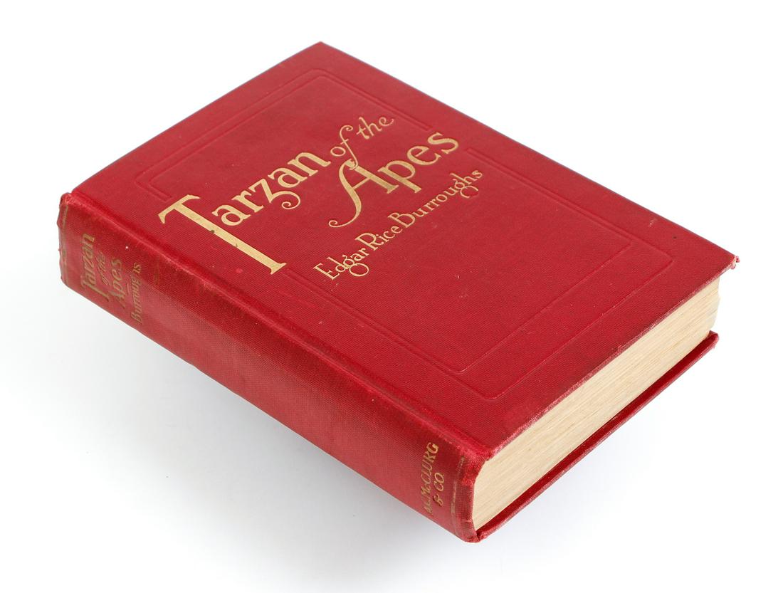 Burroughs Tarzan of the Apes First Edition 1914: Burroughs, Edgar Rice, Tarzan of the Apes, 1914, First Edition, first printing with "Old English" type on copyright page and printer's info on 2 lines, first state red cloth binding lacking acorn, McC
