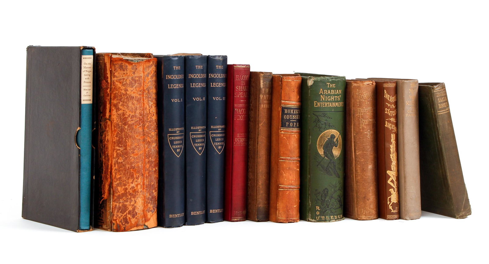 Lot 13 books literature Pope Cruikshank Josephus: Lot of 13 books, mostly 19th century, all in original bindings, highlights include 3 volume set of Ingoldsby Legends with illustrations by Cruikshank and Tenniel, Pope's Translation of Homer's Odyssey