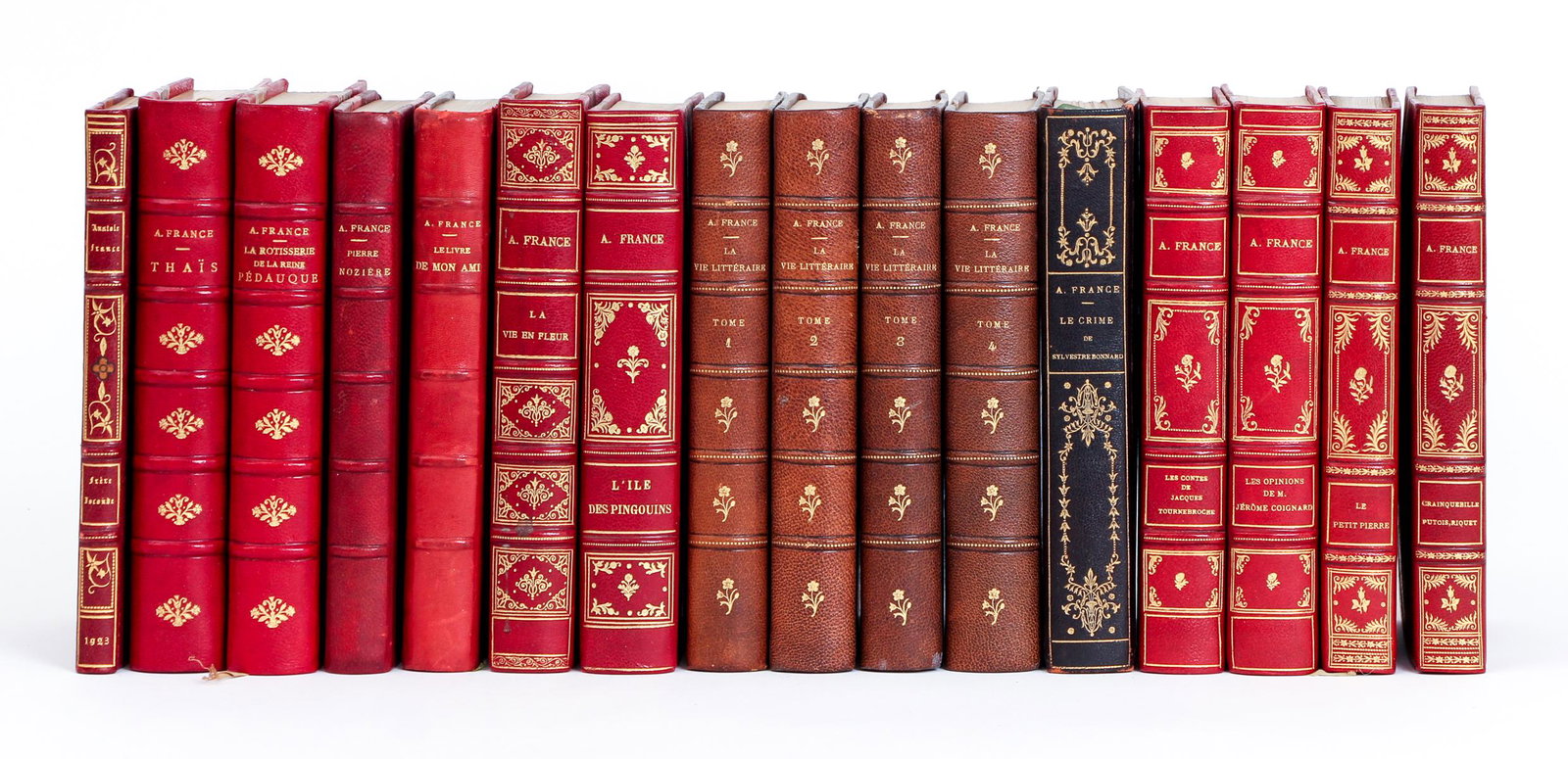 Anatole France leather fine bindings literature: France, Anatole. Lot of 16 works by Anatole France, most published around 1920. 11 volumes in 3/4 leather, other five 1/2 leather. Most cherry red morocco; gilt titles and designs, teg. 'Frere Jaconde