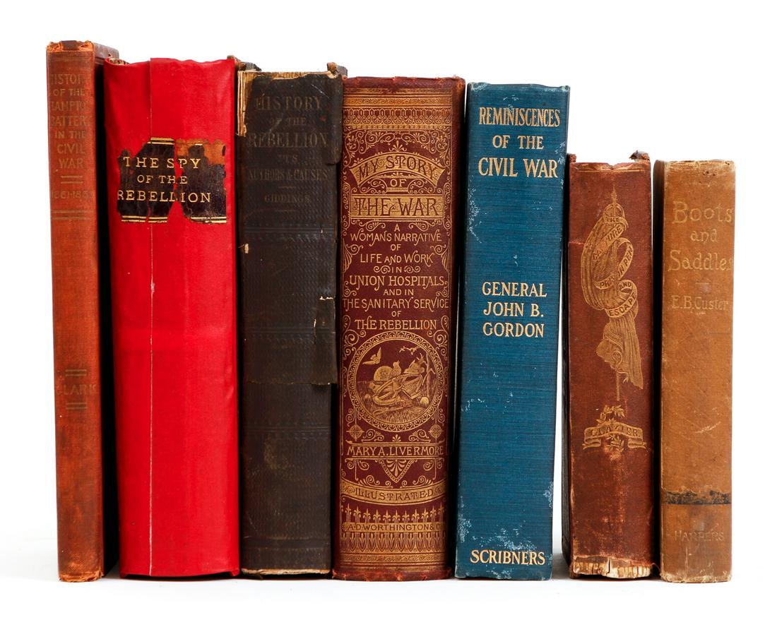 Lot 7 Civil War Books Custer Rebellion Gordon: Lot of 7 books on the Civil War, all hardcovers, all but 1 in original binding, includes Boots and Saddles by Custer's Wife, Reminiscences of the War by General Gordon, histories by Livermore and Gidd