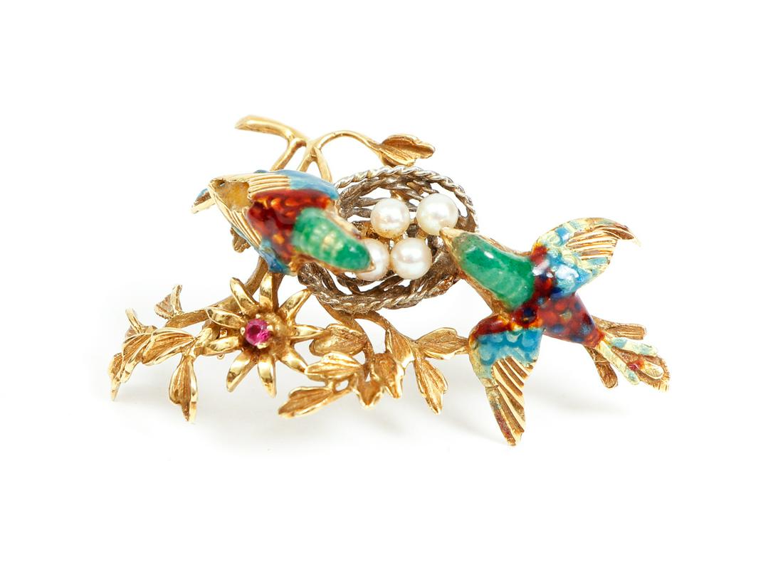 18K Italian Enamel Pearl Ruby Bird Brooch (1 of 5)