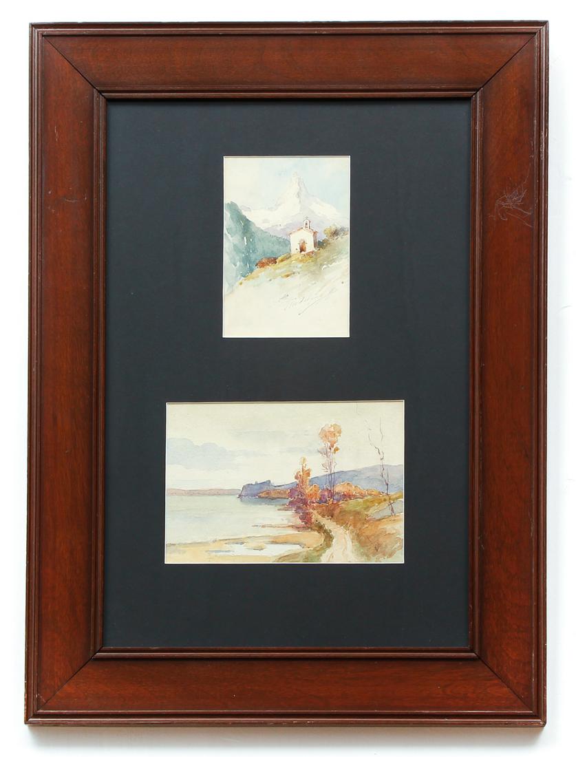 Regis Gignoux watercolors in single frame: Gignoux, Regis (French/American, Hudson River School, 1816-1882), Country Church High in The Alps, with Country Lane along The Lake, watercolors, 5.75 x 4 inches, and 5.25 x 7 inches, in a single fram