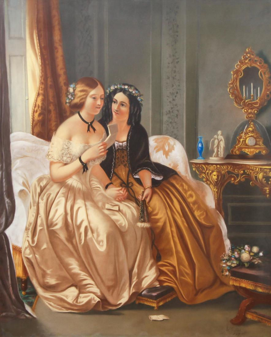 George Fish Two Women Reading Pastel Ptg: Fish, George G. (American, 1822-1906), Two Women Reading a Letter on a Loveseat, 1859, pastel on paper, signed and dated lower right, 43 x 35 inches, in a beautifully decorated frame 51 x 43 inches. P