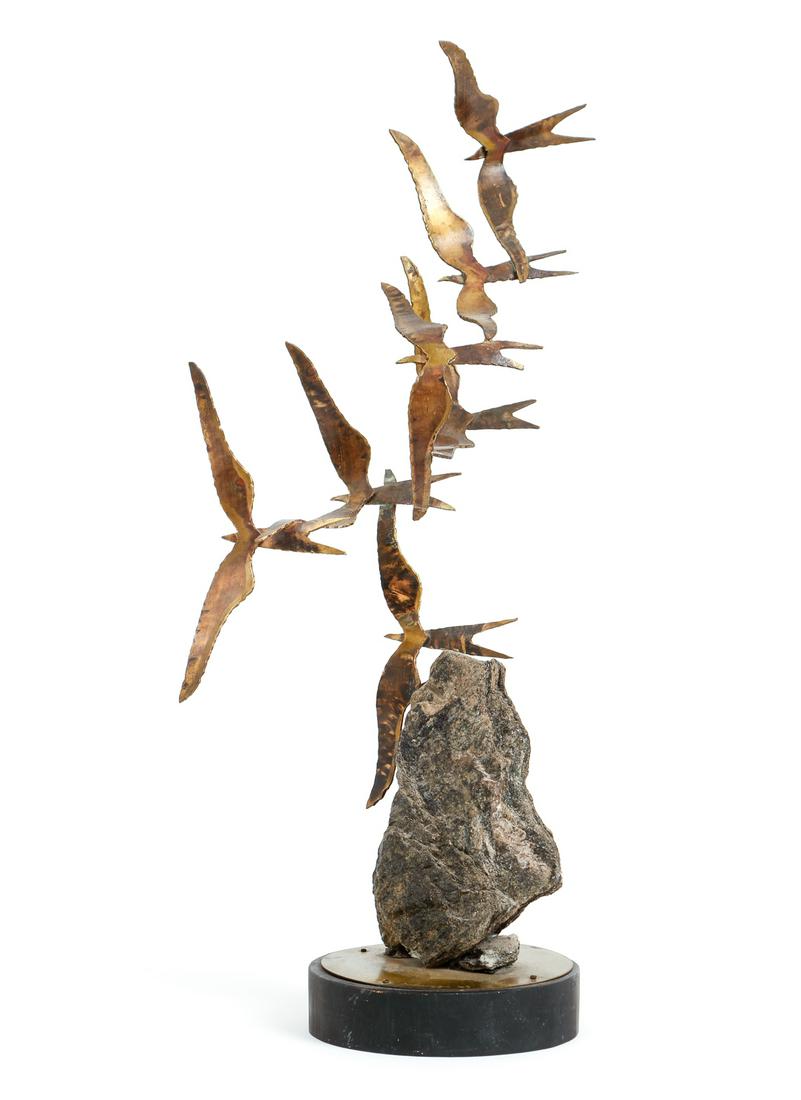 George Colaizzi Mid Century Brutalist Sculpture: Colaizzi, Antonio George (American/Pittsburgh, 1921-1978), Birds in Flight, 1969, artist's name and date incised on base, metal and rock with black stand, 19.5 inches tall, stand diameter 5.5 inches, 
