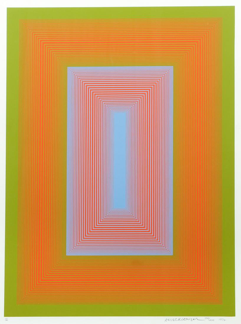 Anuszkiewicz 1972 silkscreen print: Anuszkiewicz, Richard (American, b. 1930), silkscreen print "Plate IV, from Sequential Series", 1972, edition 104/200, signed, titled, numbered, and dated on the bottom. Print measured 25.5"X19", fram