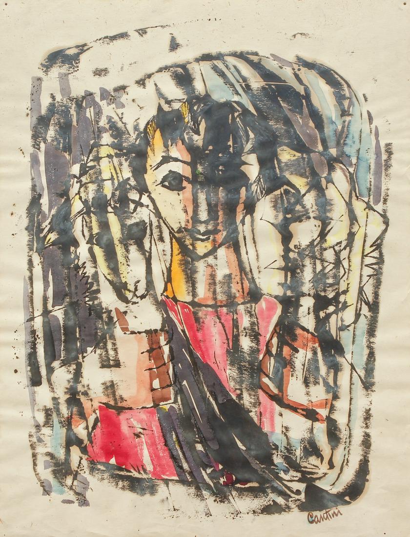 Virgil Cantini watercolor Jesus with The Lamb: Cantini, Virgil (Pittsburgh/American, 1919-2009), Jesus with The Lamb, circa 1960, watercolor, 25 x 19 inches, signed lower left, framed in a Cantini made frame and mount with painted frame measuring 