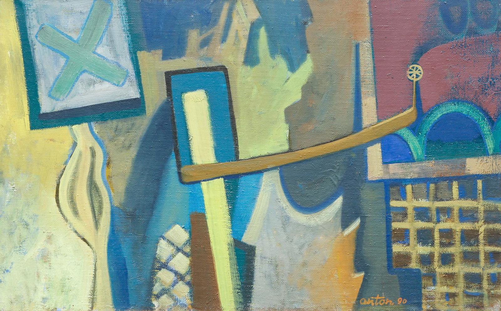 Anton Staykov Oil Painting: Staykov, Anton (Bulgarian, b.1962), Thriller No. 1, oil on canvas, 1990, signed and dated bottom left and again on the reverse, 19 x 30.25 inches in a simple wooden frame.