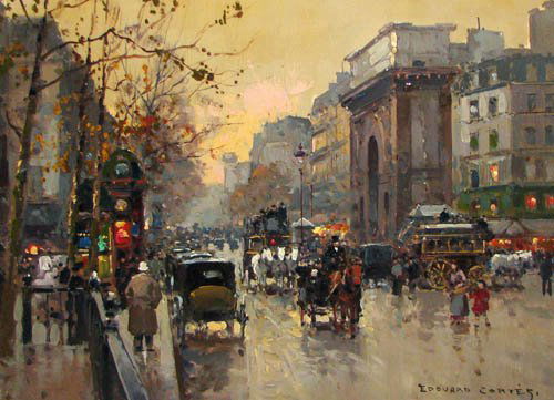 Edouard Cortes oil painting Rue Hausmann: Artist: Cortes, Edouard (French, 1882-1969) Title: Porte Saint Denis Medium: oil on canvas Dimensions: 13 x 18 inches Signature: Signed Edouard Cortes lower right, inscribed 14002 with copyright and