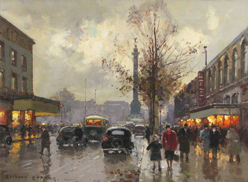 Edouard Cortes Painting Place de la Bastille: Artist: Cortes, Edouard (French, 1882-1969) Title: Place de la Bastille Medium: oil on canvas Dimensions: 13 x 18 inches Signature: Signed Edouard Cortes lower right, inscribed 14344 with copyright a