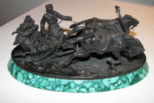Vassili Yacovlevitch Grachev Troika bronze: Artist: Grachev, Vassili Yacovlevitch (Russian, 1831-1905) Title: Winter ride in the troika Medium: cast bronze with brown-black patina on malachite base Dimensions: 4.5 x 10 x 6 inches (including ba