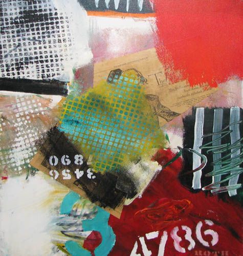 Susan Roth painting and collage 5th and 50th: Roth, Susan (American, born 1950) 5th and 50th, 1987 acrylic, oil, and collage on canvas 28 x 24.25 inches signed with block letters lower right and signed dated and titled on canvas reverse maple flo