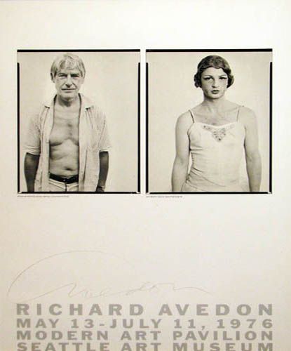 signed Richard Avedon poster 1976: Avedon, Richard (American 1923-2004) Richard Avedon May 13-July 11, 1976 Modern Art Pavillion, Seattle Art Museum, 1976 poster 24.5 x 18.5 inches unknown edition size but likely out of print Two portr