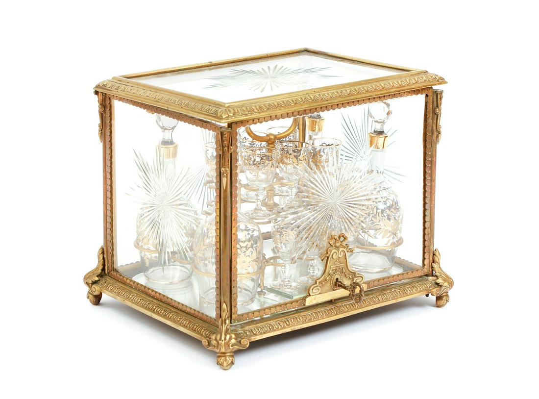 Bronze Cut Glass Tantalus Set 14 cordials 4 decanters (1 of 16)