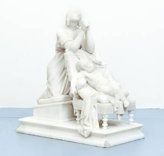 Victorian Carved Marble Mother and Child: Victorian carved marble mother and child, in the style of the American expatriates working in the Rome, Italy school such as William Henry Rinehart, Harriet Hosmer and Thomas Crawford, measuring 21 by