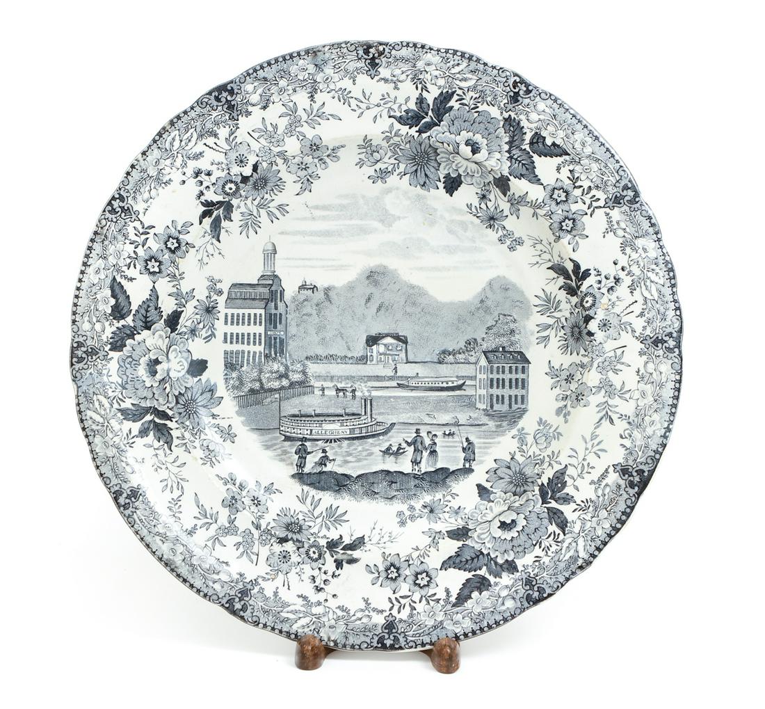 Allegheny Scenery Plate c 1830 Pennsylvania: Allegheny Scenery, plate, c. 1830, Staffordshire, England pottery with historical view of the Allegheny River, side wheel packet boat and the Pennsylvania Canal, 10.5 inch diameter, Peppard and Callan