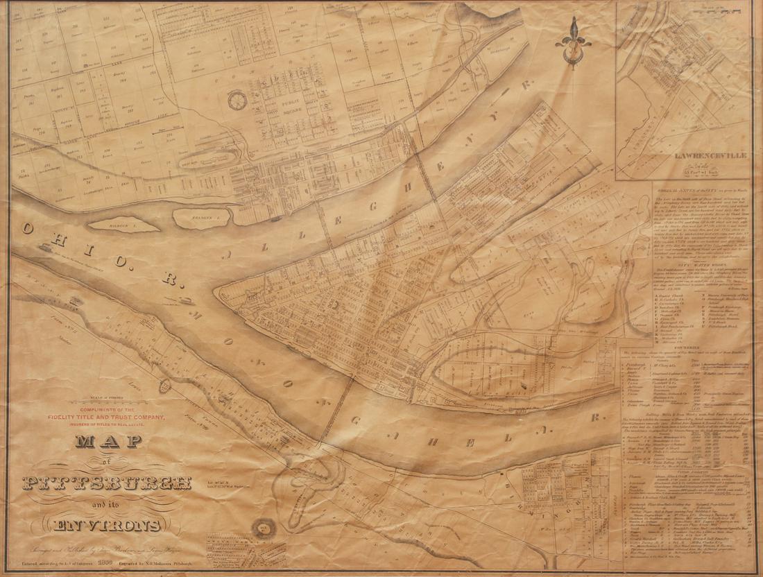 Map of Pittsburgh and Environs, 1830, printed later: Copy of an Early Map of Pittsburgh, originally 1830, issued by Fidelity Title as a reproduction. Fidelity was founded in the 1880s and this map was probably printed in 1920s-1940s. 24.5 x 32 inches, r