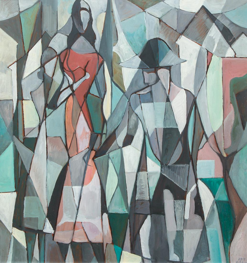 Harry Scheuch Abstracted Figures painting: Scheuch, Harry William (American, Western Pa. 1906-1978), Title: Abstracted Figures, Date: 1954, Medium: oil on masonite panel, Dimensions: 32 x 30 inches, Signature: Signed and dated lower right, Fra