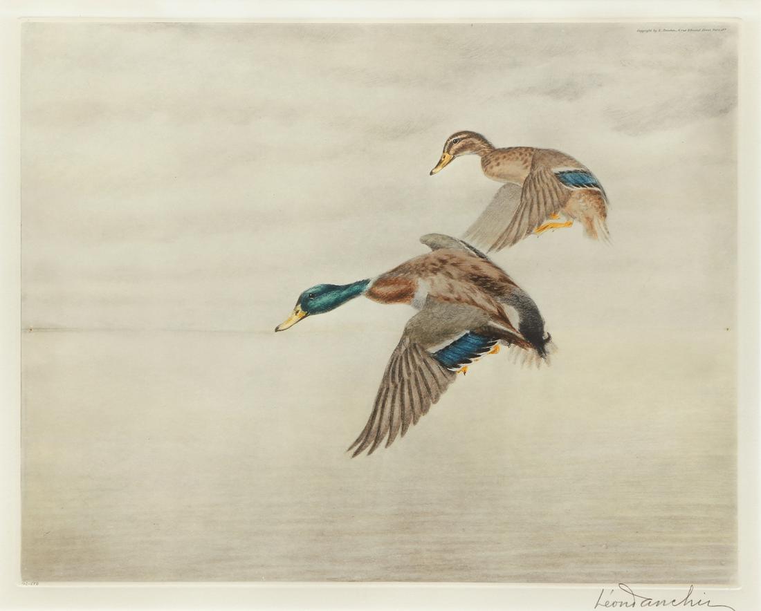 Pair Leon Danchin Signed Duck Lithos: Danchin, Leon (French, 1887-1938), Pair of Mallard / Duck Prints, color etchings, both signed in pencil lower right and numbered lower left, piece with 2 birds 102 of 500, the other 133 of 500, both m