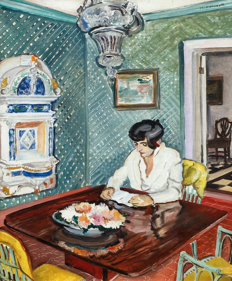 Robert Hallowell 1920's oil Interior with Woman Writing (1 of 9)