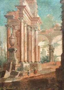 After Hubert Robert Italian Ruins Oil Ptg: Robert, After Hubert (French, 1733-1808), Roman Ruins, oil on canvas, 19th century, unsigned, 52 x 37 inches, framed 62 x 47 inches. Provenance: From the collection of the Twentieth Century Club in Pi