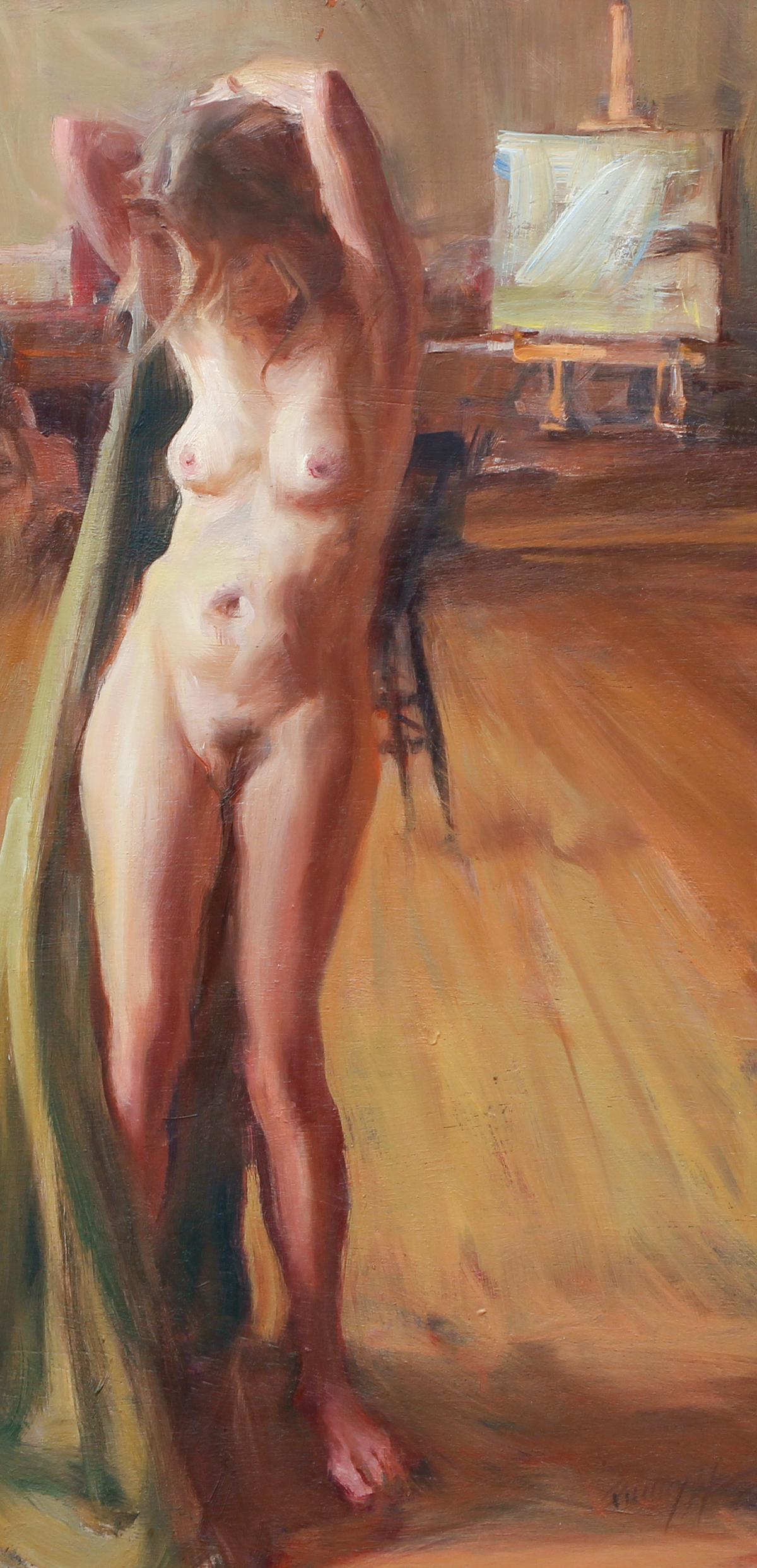 Quang Ho Female Nude Model Oil Painting: Ho, Quang (Vietnamese/American, b.1963), Standing Female Nude Model, oil on board, signed lower right, undated, 19.75 x 9.75 inches, in a wood frame 27 x 17 inches. Provenance: Jack Warner Collection,