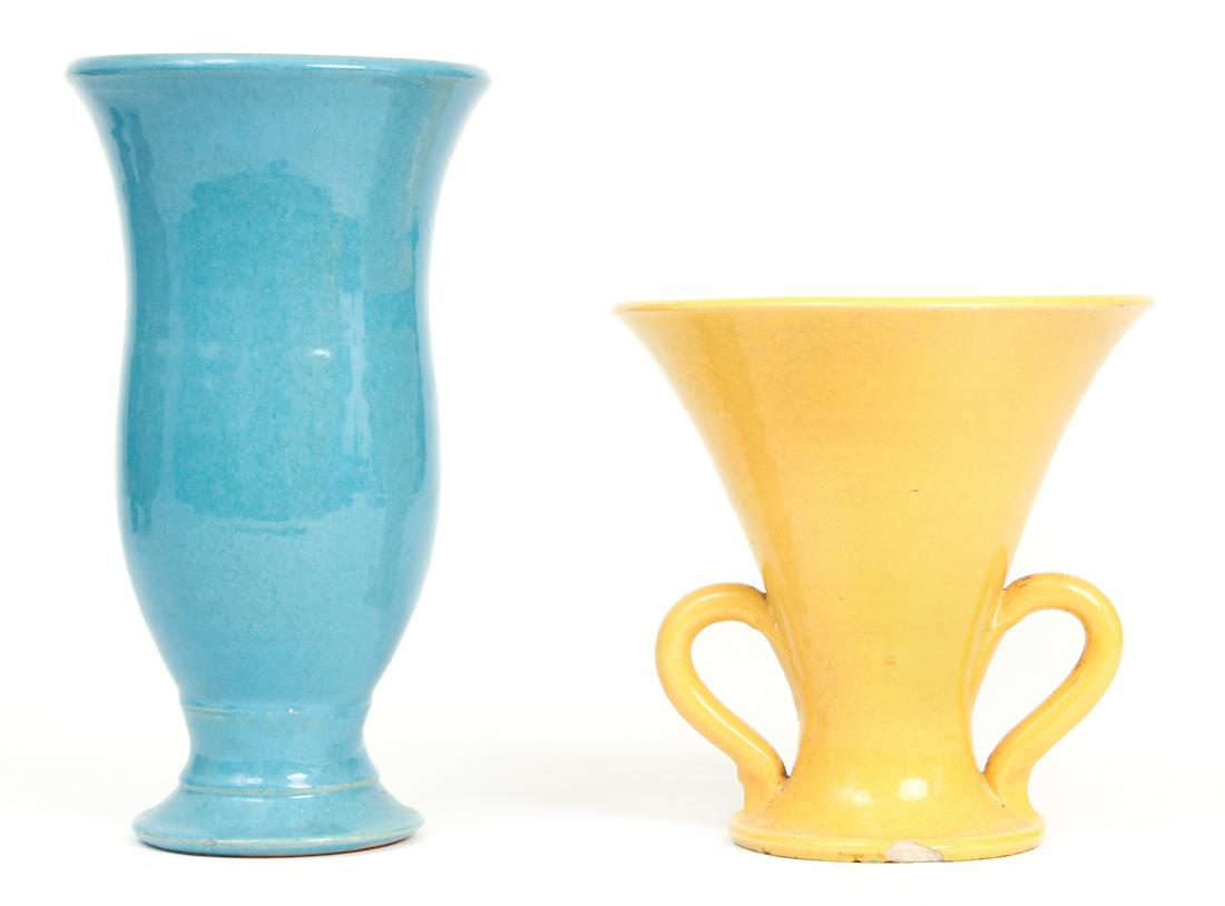 Two Sunset Mountain Pottery Vases: Two Sunset Mountain Pottery vases, one being blue, 10.25 inches, and the other yellow, 7.5 inches.