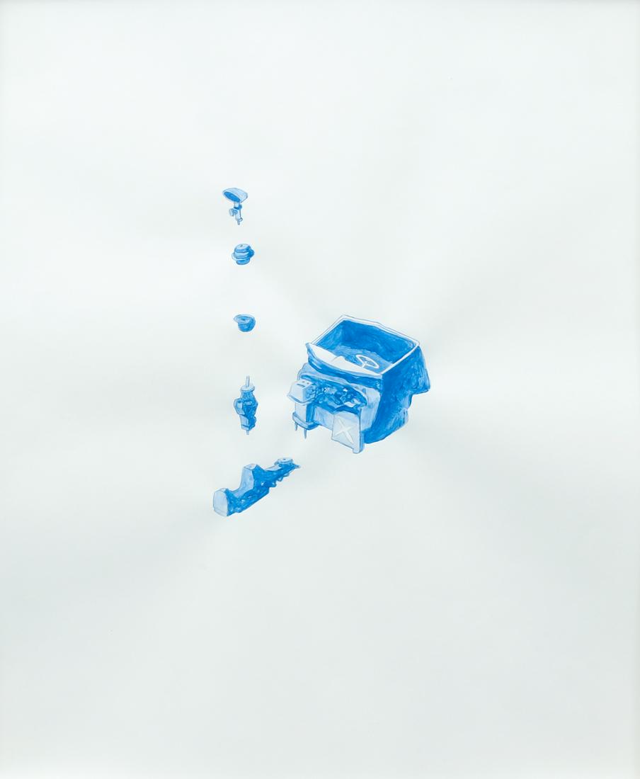 Contemporary Painting Signed Blue: Unknown Contemporary Artist, Interior Tub with Air Intake Manifold, 1998, watercolor on paper, signed, titled and dated on reverse, with additional inscription, full sheet 17 x 14 inches in plain fram