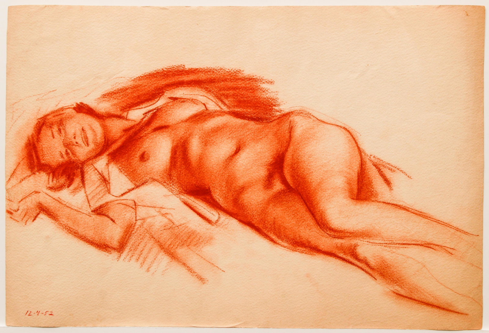 Female Nude 1952 Conte Crayon Drawing: Unknown Midcentury Artist, Reclining Female Nude, 1952, red conte crayon on wove paper, dated lower left, 11.75 x 17.5 inches, unframed.