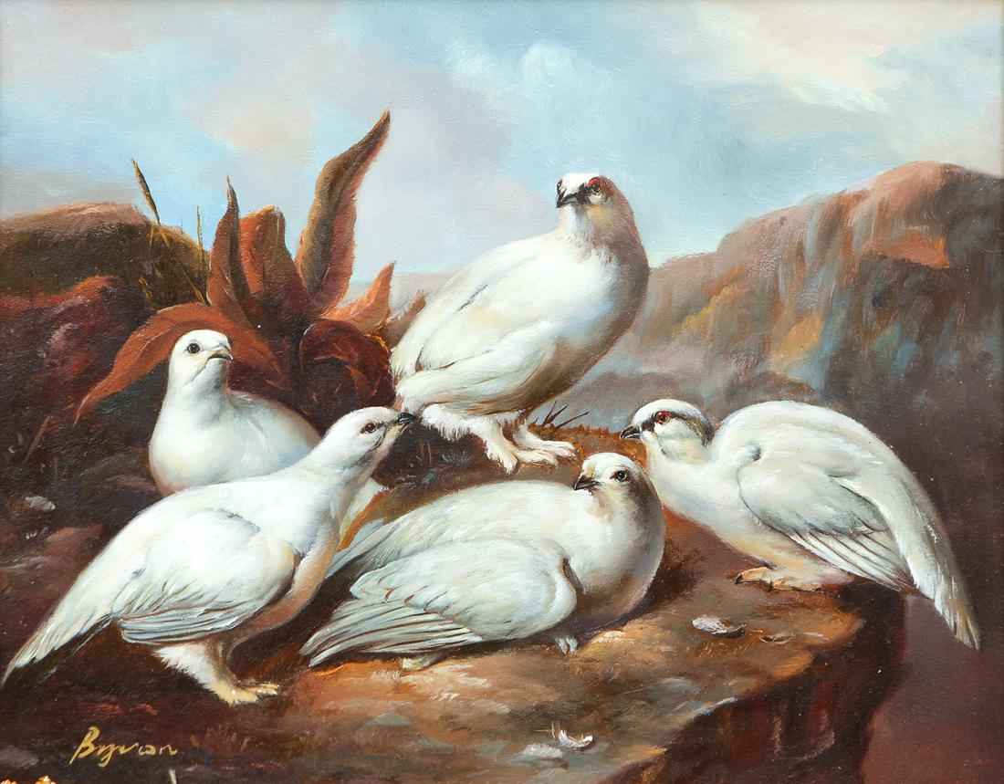 White Birds Mountaintop Oil Painting: Brown? Bixvan?, 20th century, Five White Birds on Mountaintop, oil on board, illegibly signed lower left, 7.25 x 9.5 inches, ornately framed 17.75 x 20 inches.