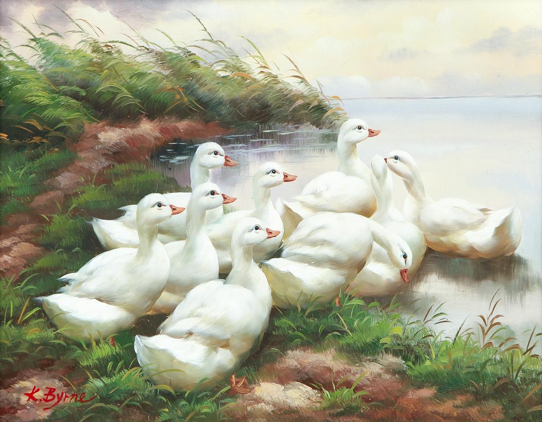 K Byrne Swans Oil Painting 20th cent (1 of 7)