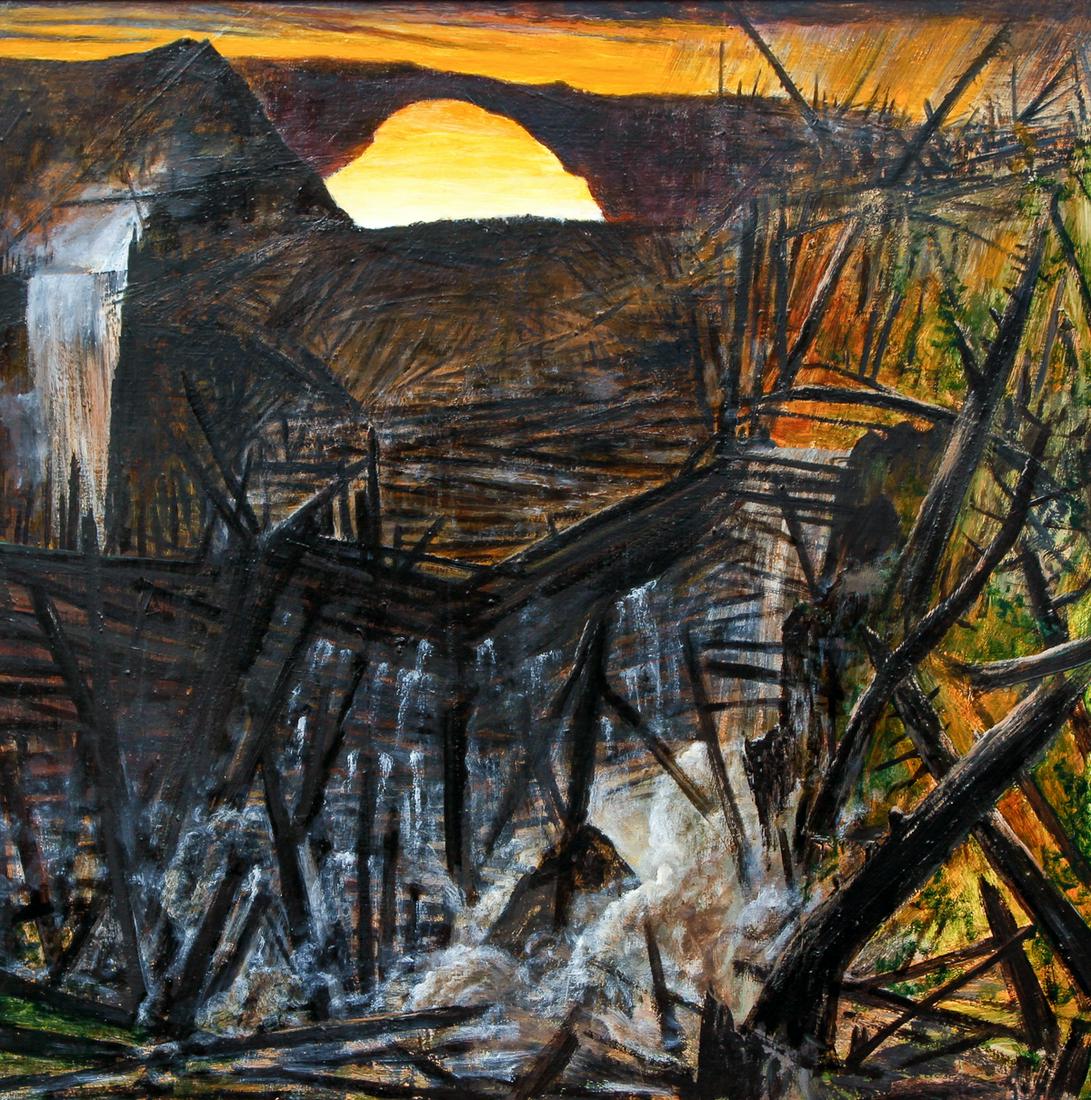 Jim Denney Splash Dam Oil on Canvas 1987: Denney, Jim (American/Pittsburgh/Brooklyn, born 1953), Splash Dam, 1987, oil on canvas, signed and on reverse, 31 x 31 inches framed.