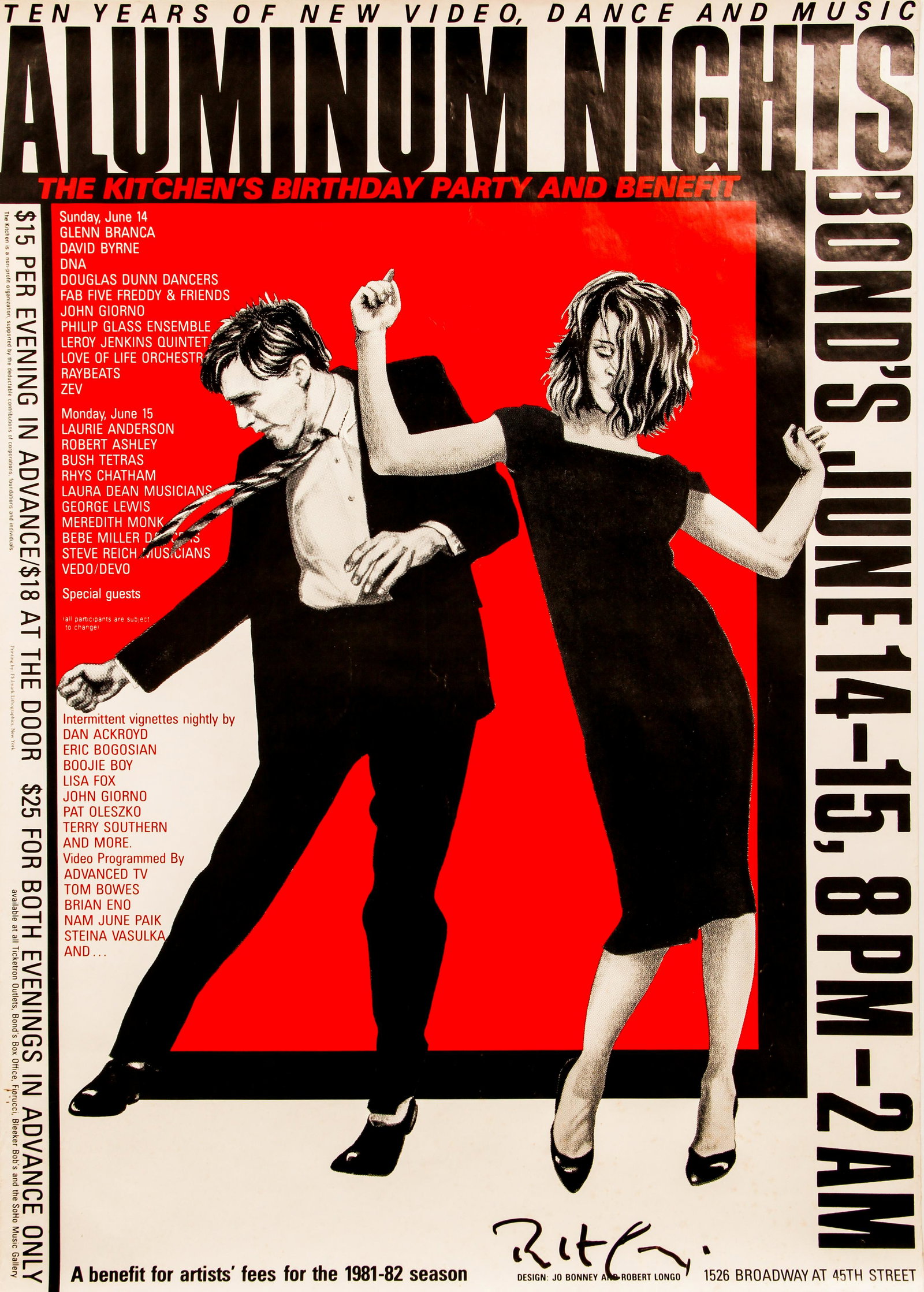 Robert Longo Signed Poster Aluminum Nights 1981: Longo, Robert and Jo Bonney, Poster for Aluminum Nights, The Kitchen's Birthday Party and Benefit, Ten Years of New Video, Dance and Music, 1981, offset printed on paper, signed by designer Robert Lon