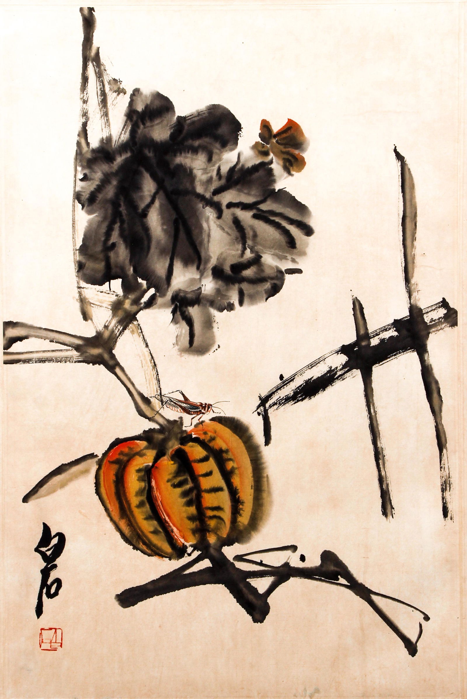 20th C. Chinese Scroll ptg. Squash and Grasshopper (1 of 5)