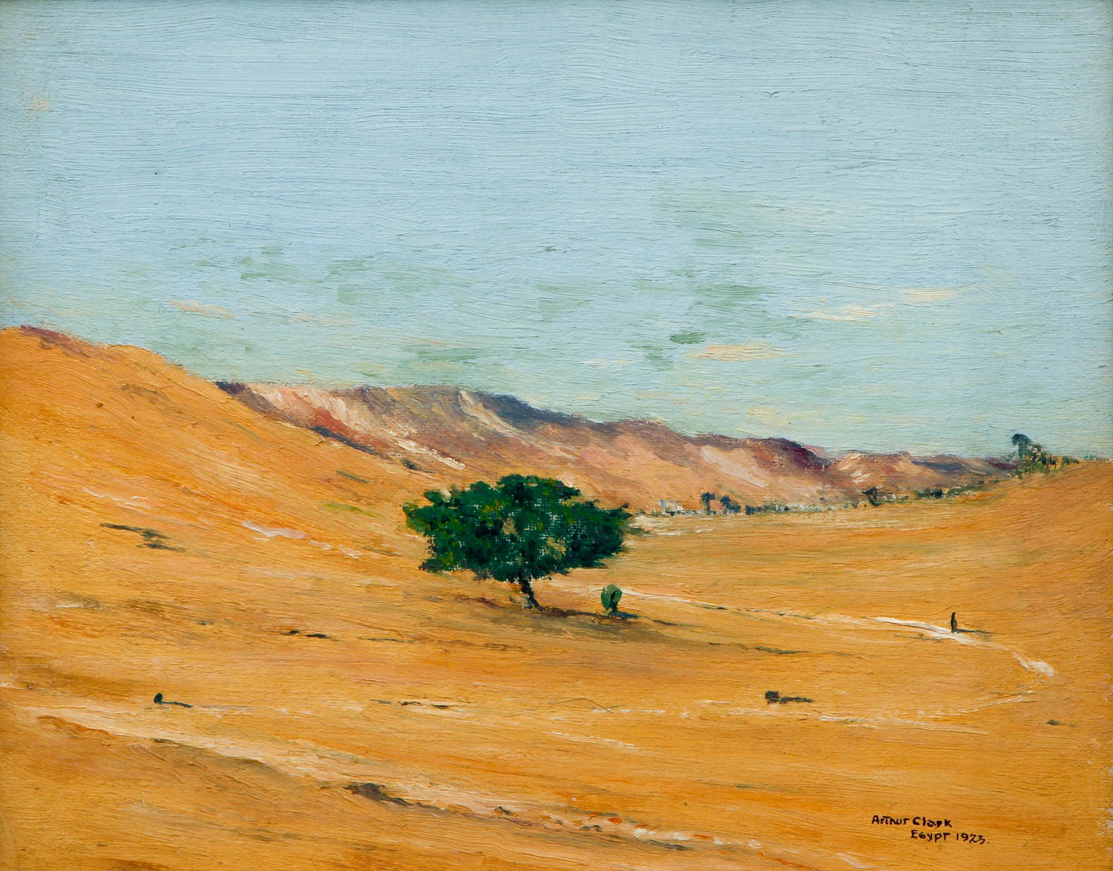 Arthur Clark 1923 painting Egyptian Landscape: Clark, Arthur (possibly Arthur Bridgman Clark 1866-1948), Egypt, 1925, oil on artist's board, 8 x 10 inches, signed, dated, and inscribed Egypt lower right, framed in a period Arts and Crafts frame me