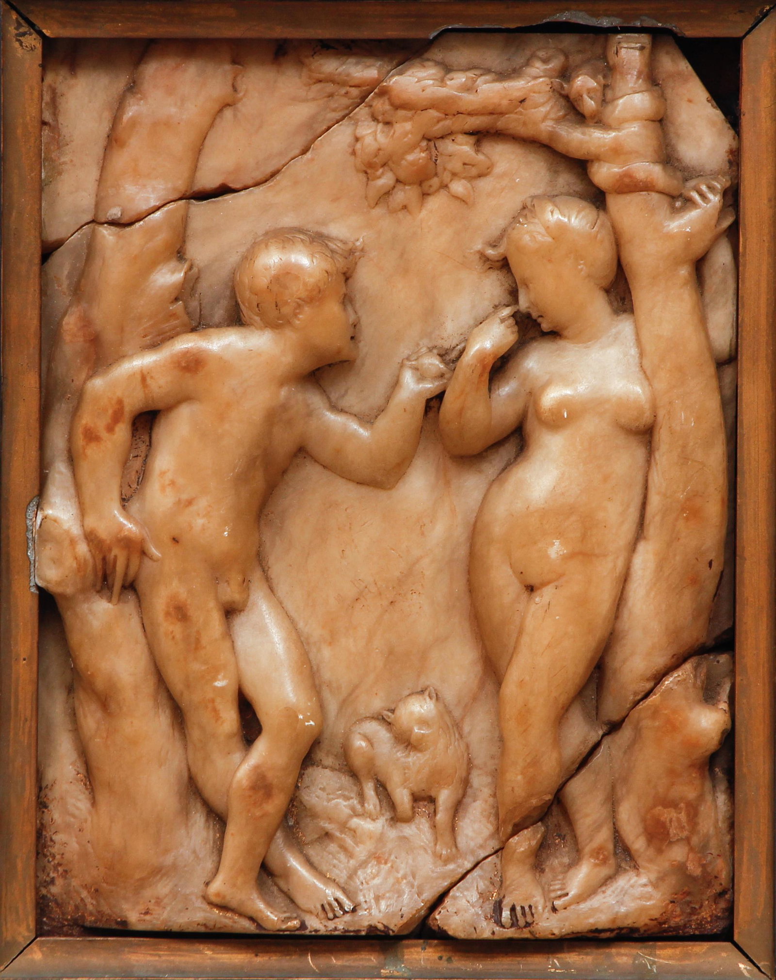 Regis Gignoux Adam Eve Marble Sculpture: Gignoux, Regis (French/American, Hudson River School, 1816-1882), Adam and Eve, mid 19th century, marble, 9 x 7 inches in a black frame measuring 14.5 x 12.5 inches. Title and medium taken from Gignou