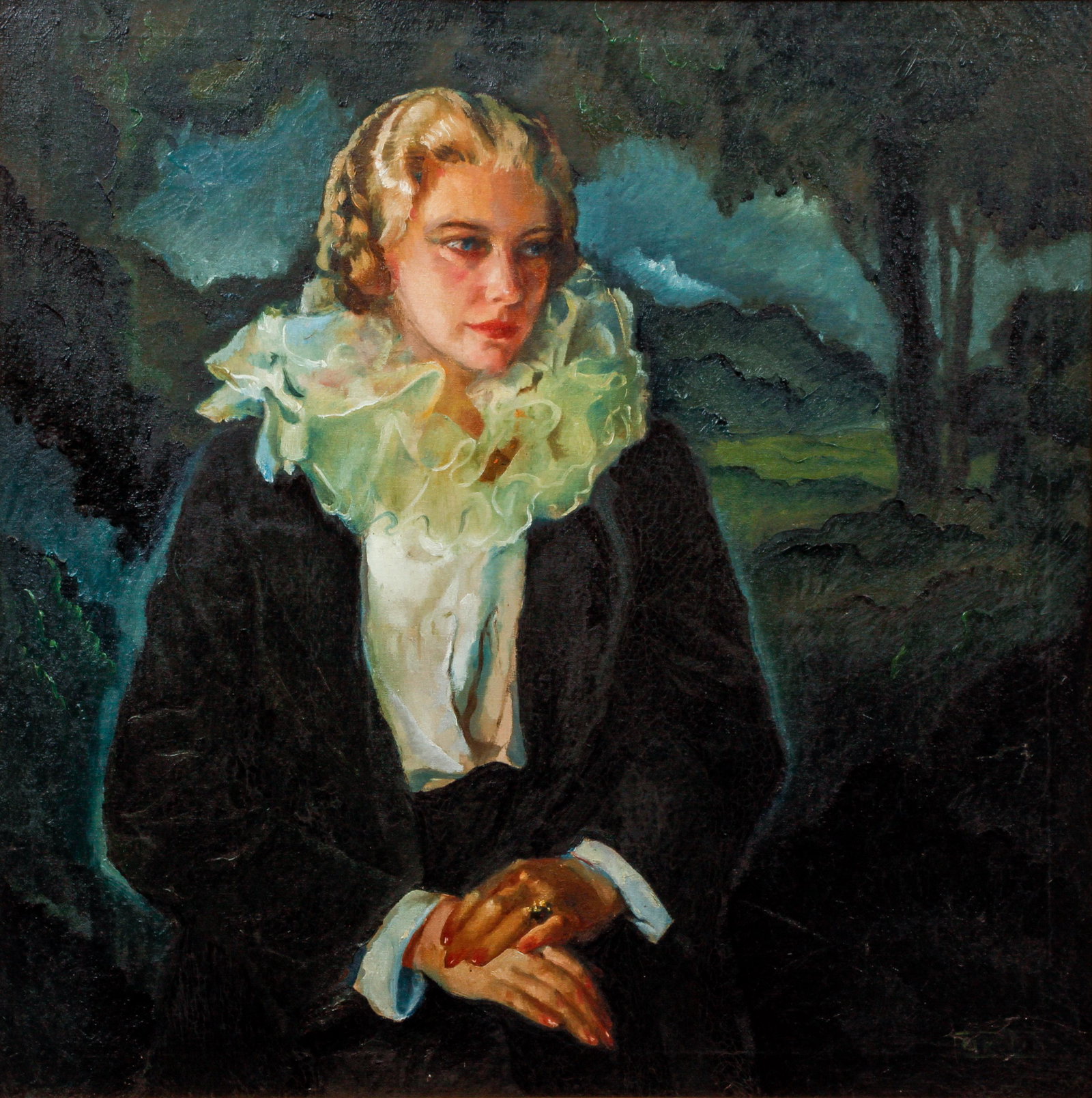 Milan Petrovits Portrait of Margo: Petrovits, Milan (Serbian-American 1892), Title: Margo, Medium: oil on canvas, Dimensions: 33 x 33 inches, Signature: Signed lower right, Frame Type: silver metal leaf, Frame Size: 35.75 x35.75 inches