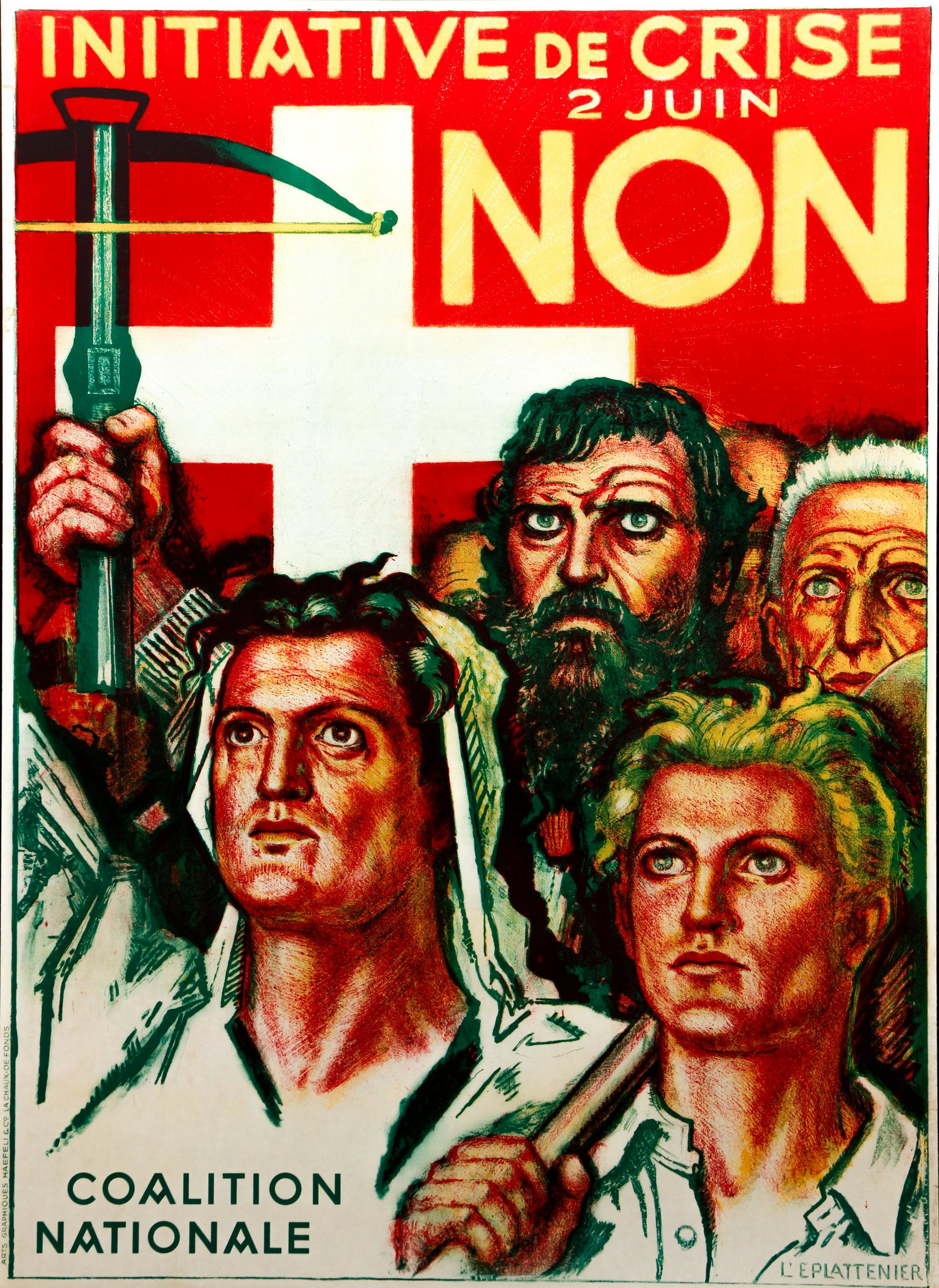 Charles L'Eplattenier 1935 poster Initiative de Crise 2: l'Eplattenier, Charles ( Swiss 1874-1946), Initiative de Crise 2 Juin Non, (No to the crisis Initiative), 1935, Poster, 49.25 x 35.5 inches, printed by Arts Graphique Haefeli and Co. , La Chaux-de-Fon
