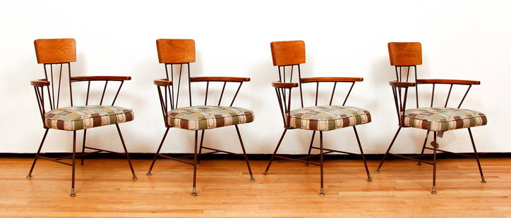 Set 4 Richard McCarthy Captains Dining Chairs: Richard McCarthy for Selrite, Set of 4 Captains Dining Chairs, wrought iron and wood, contemporary fabric upholstered seats, 32 x 22 x 20 inches.