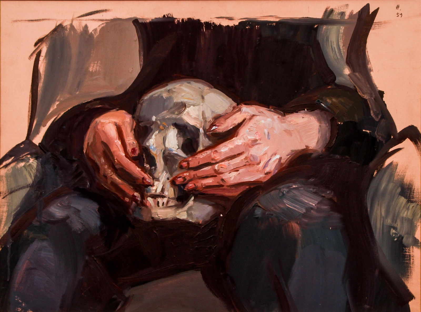 Jean Helion 1959 oil Les Mains de Claire Gold: Helion, Jean (French 1904-1987), Les Mains de Claire Gold, 1959, oil on canvas, 18 x 24 inches, signed H 59 upper right corner and signed, titled, and dated on canvas reverse, Provenance: Galerie Karl