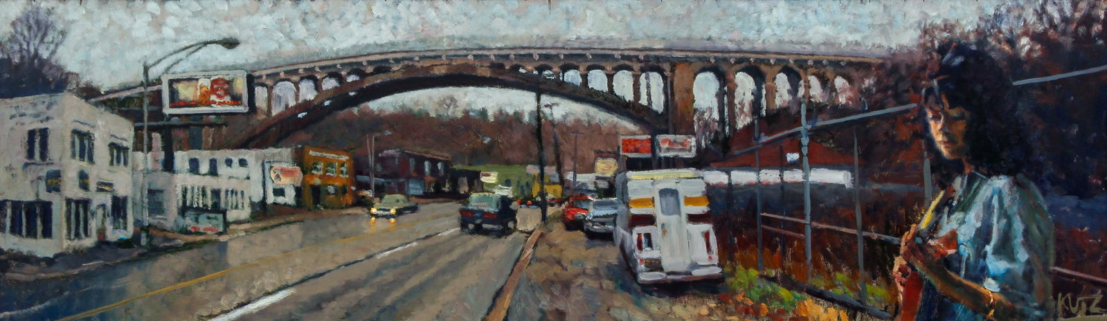 Kevin Kutz oil Larimer Avenue Bridge with Mandolin: Kutz, Kevin (Pittsburgh/American b.1955), Larimer Avenue Bridge with Mandolin Player, circa 1990, oil on board, 14.25 x 48 inches, signed Kutz lower right and signed titled on reverse, Provenance: Con