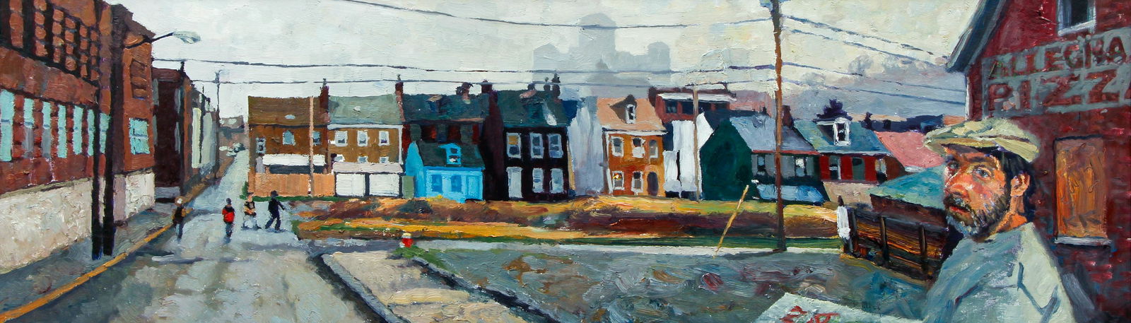 Kevin Kutz oil Allegheny Pizza: Kutz, Kevin (Pittsburgh/American b.1955), Allegheny Pizza, 1998-99, oil on board, 14.25 x 48 inches, signed titled on reverse, Provenance: Concept Art Gallery, Pittsburgh, Pa.; The Estate of Bruce Bak