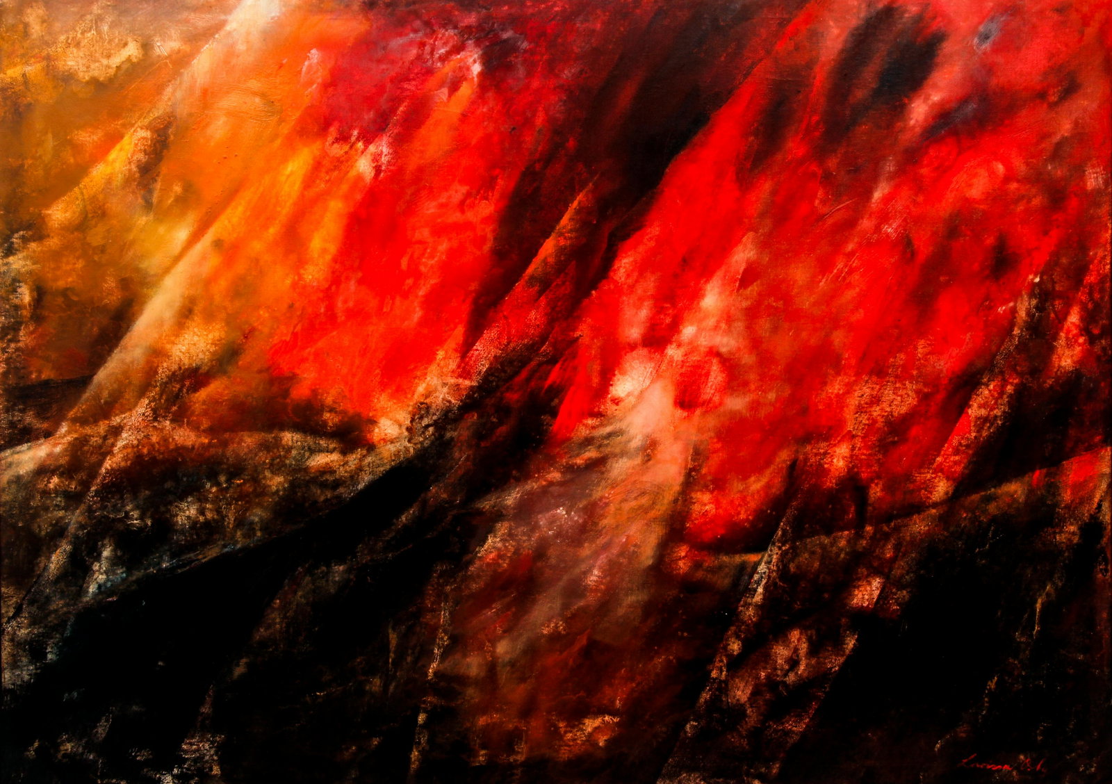 Larissa Osby Tierra del Fuego oil ptg: Osby, Larissa (American, 20th Century), Tierra del Fuego, oil on canvas, 48 x 67.5 inches, signed lower right, framed in a gold floater frame measuring 49 x 69 inches; Provenance: A Western PA Corpora