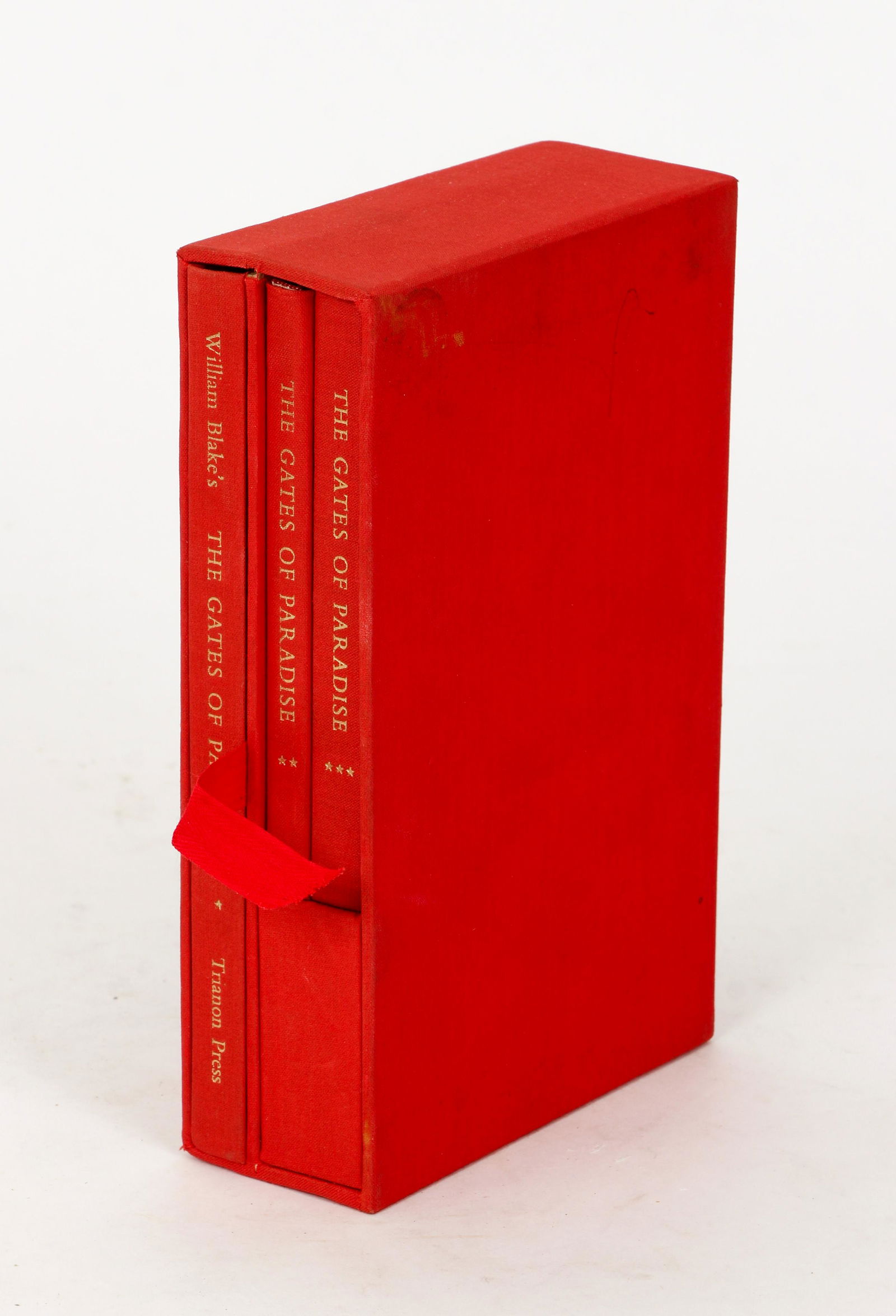 William Blake Gates of Paradise Trianon Ltd Ed: Blake, William, The Gates of Paradise, 3 volumes, number 615 of 726 copies, 1968, Trianon Press, London, hardcover, original red cloth and matching slipcase, introduction by Geoffrey Keynes, facsimile